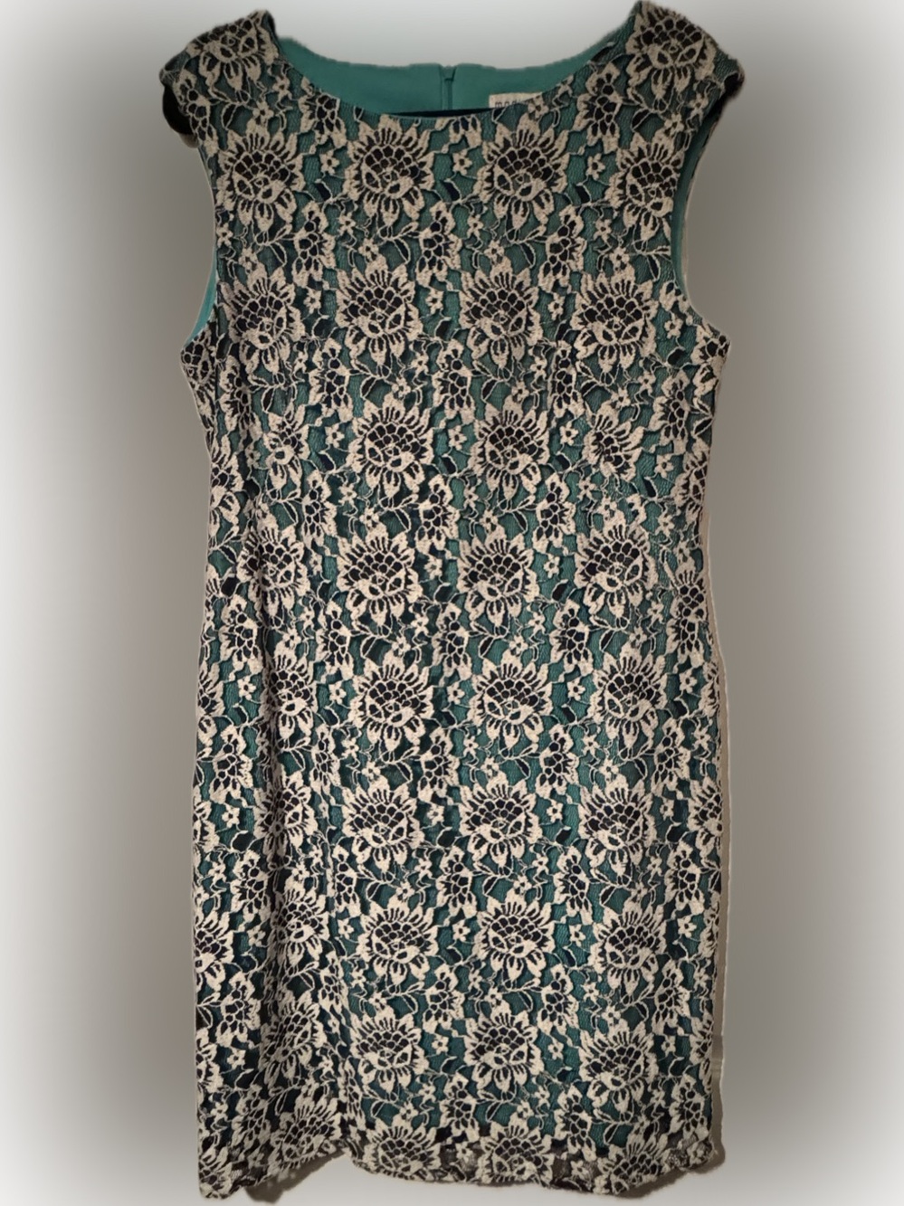 Madison Leigh Sz 16 Dark Teal Dress with White Black Floral Lace Overlay